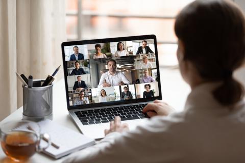 The back of a woman while she looks at a laptop with twelve people on a zoom call