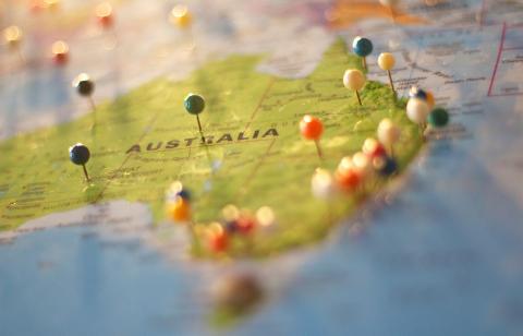 Pins sporadically cover a map of Australia